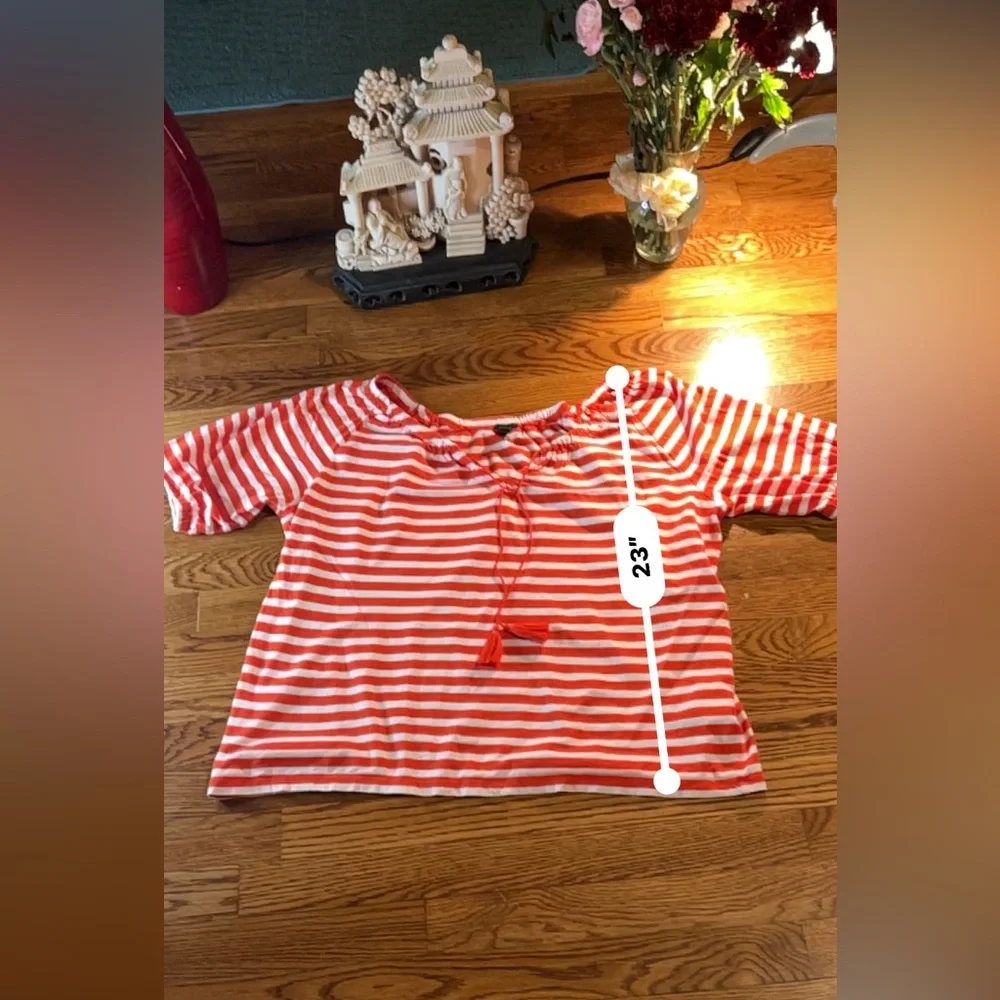 J. Crew Red & White Striped Off the Shoulder Top w/ Tie Front Sz Medium - Picture 9 of 10
